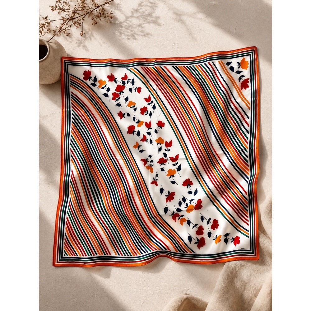 Vintage Sears Square Scarf White Orange Green Floral Striped Retro 26x26 70s